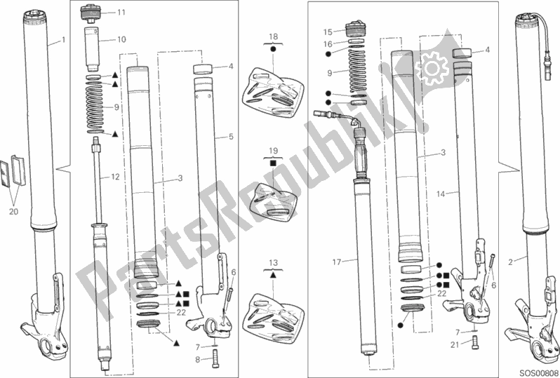 All parts for the Front Fork of the Ducati Multistrada 1200 Enduro Touring Pack Brasil 2019